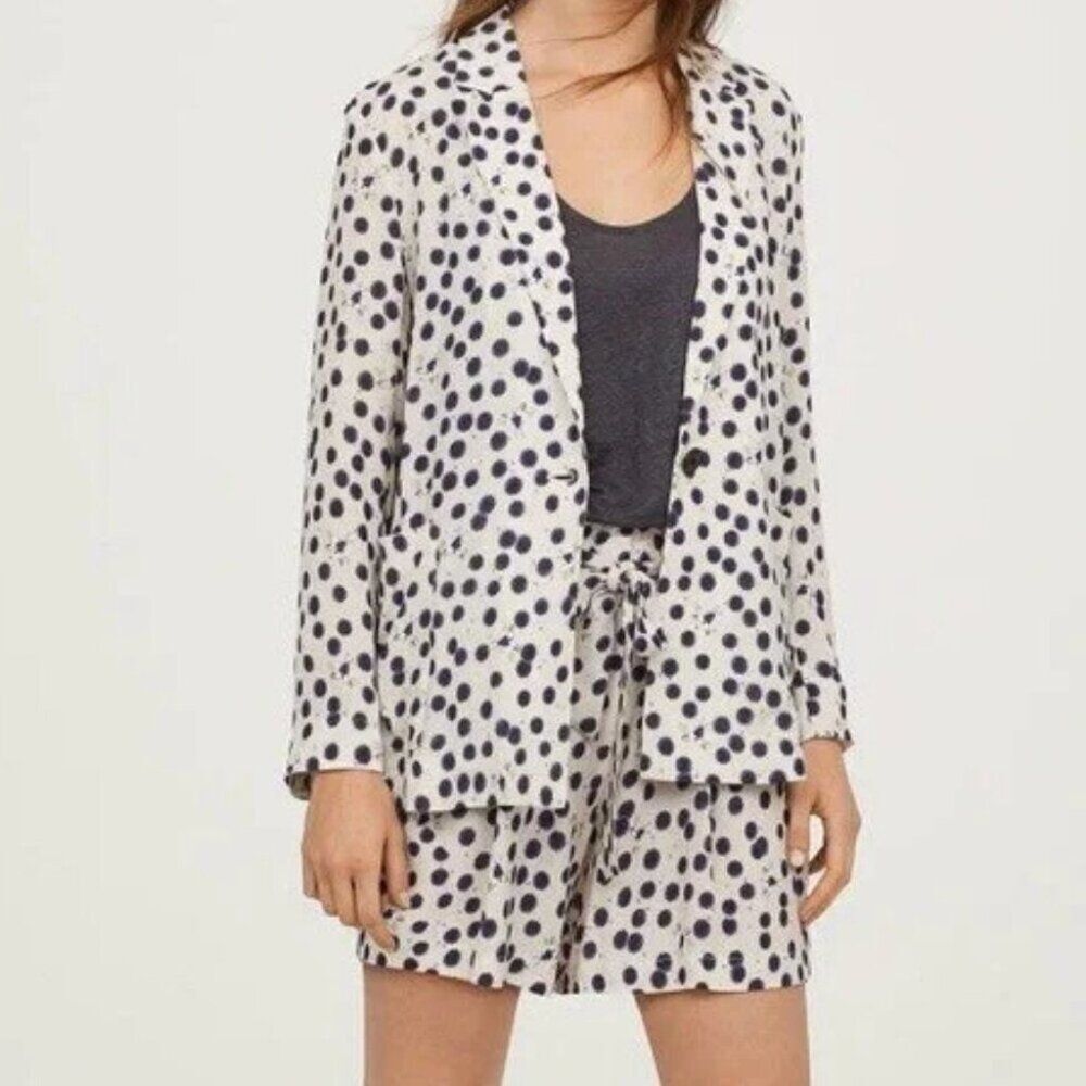H&M x Anna Glover Crepe Blazer Jacket Cream Blue Butterfly Dotted Pattern Size 6